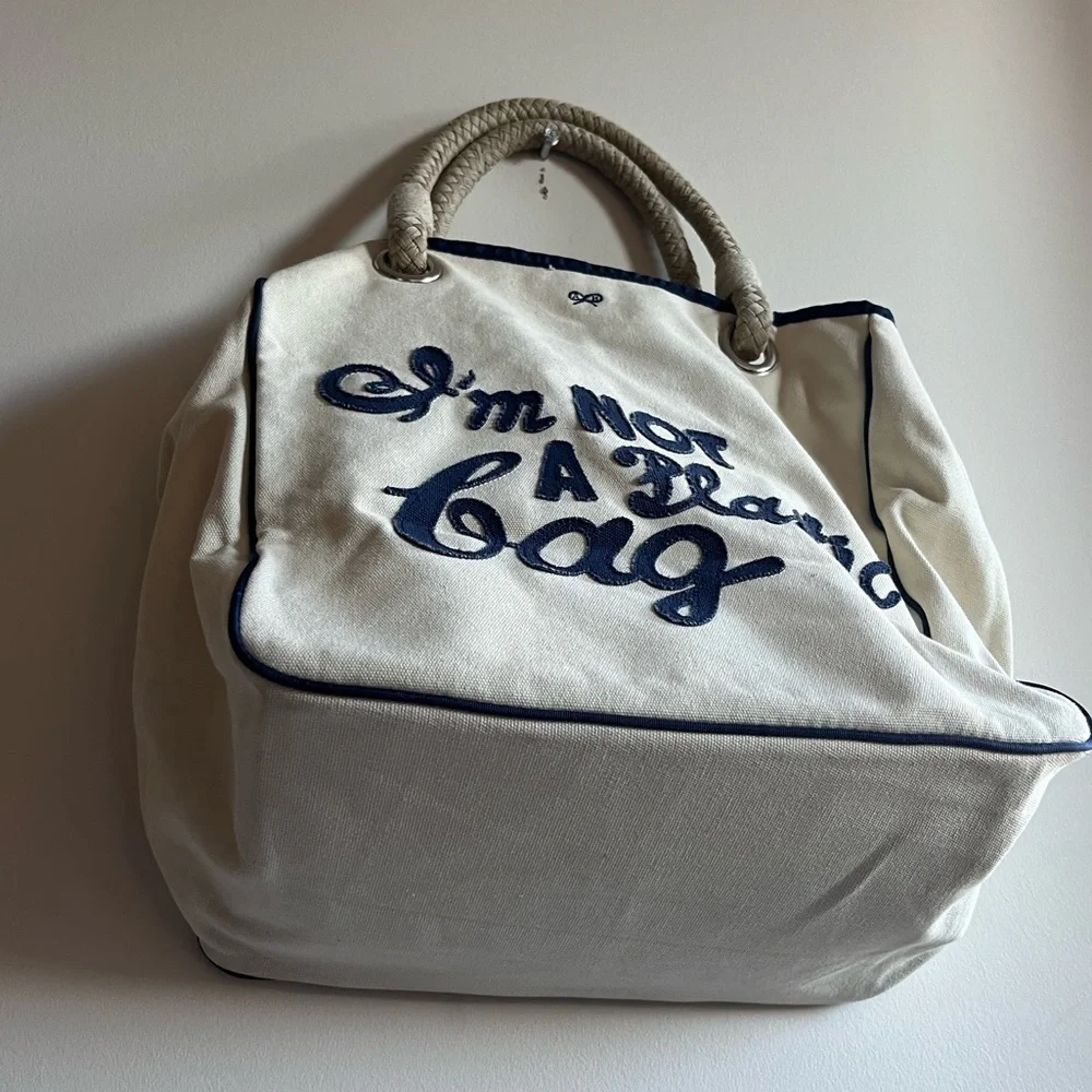 Anya Hindmarch London I AM NOT A PLASTIC BAG Cream and Navy Canvas Tote Bag - Picture 5 of 13